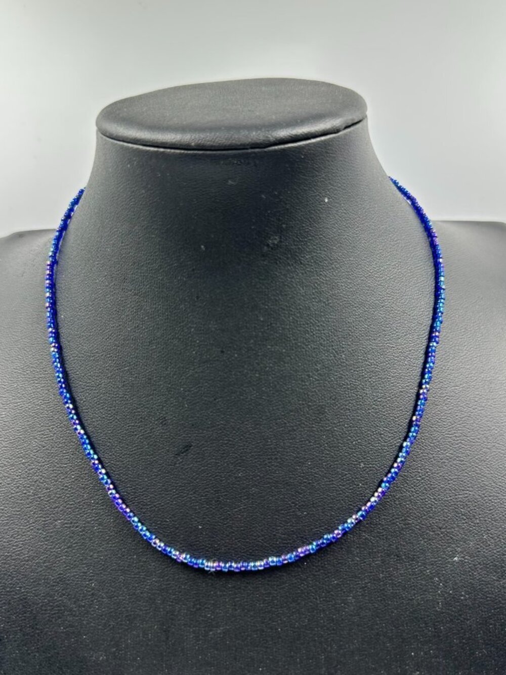 Emily Ray Beaded Necklace Blue Iridescent Seed Beads Sterling Silver Clasp
